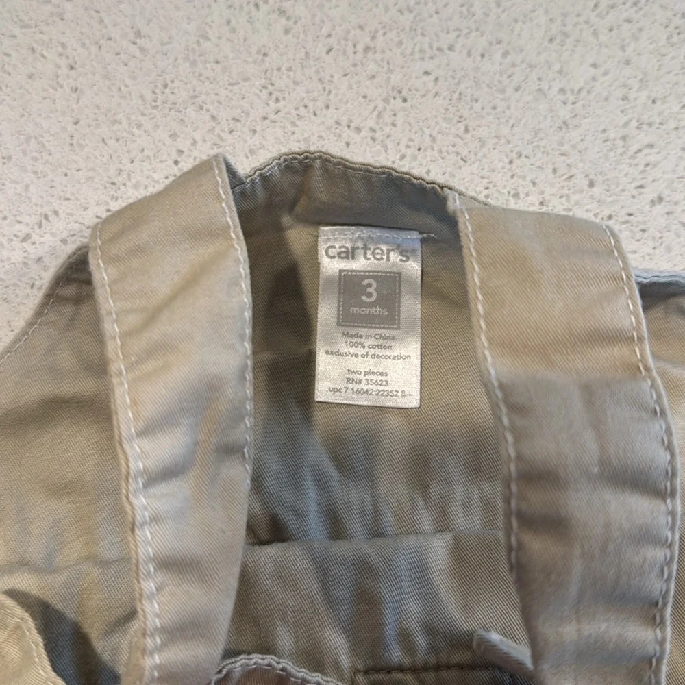 Carter's Tan Overalls with Bear Patch khaki, and baby blue size 3 months